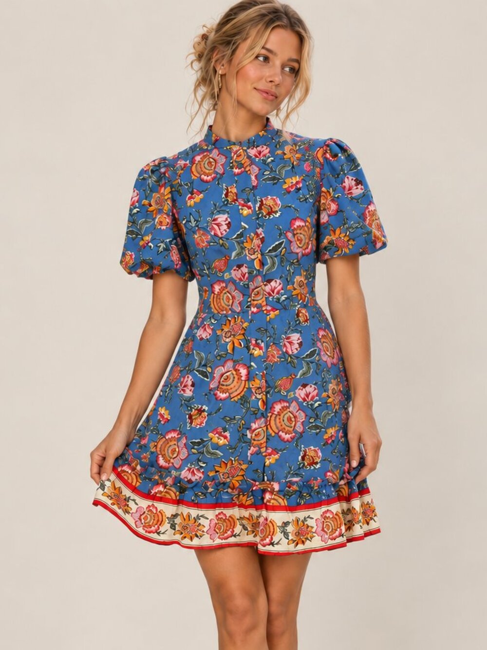 Joie Tiered Floral Mini Dress Large 10 Button Front Boho Cottage Puff Sleeve